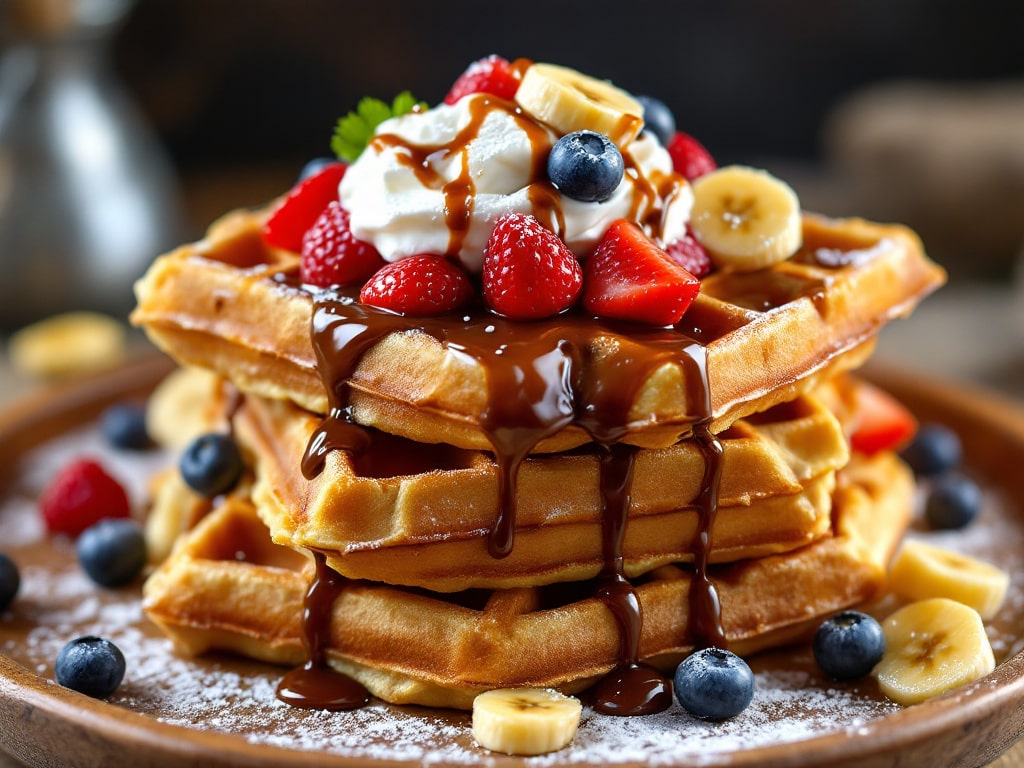 a stack of waffles with fruit and syrup on top